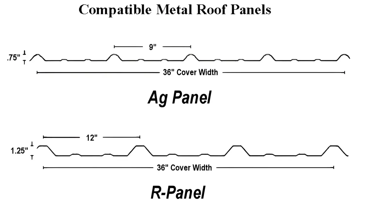 Dimensioned cross-section drawings for Ag Panel and R-Panel exposed-fastener metal roof profiles