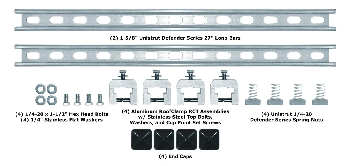 SataMount RCT kit parts layout showing two Unistrut channels, four RoofClamp RCT clamps, bolts, washers, spring nuts, and end caps