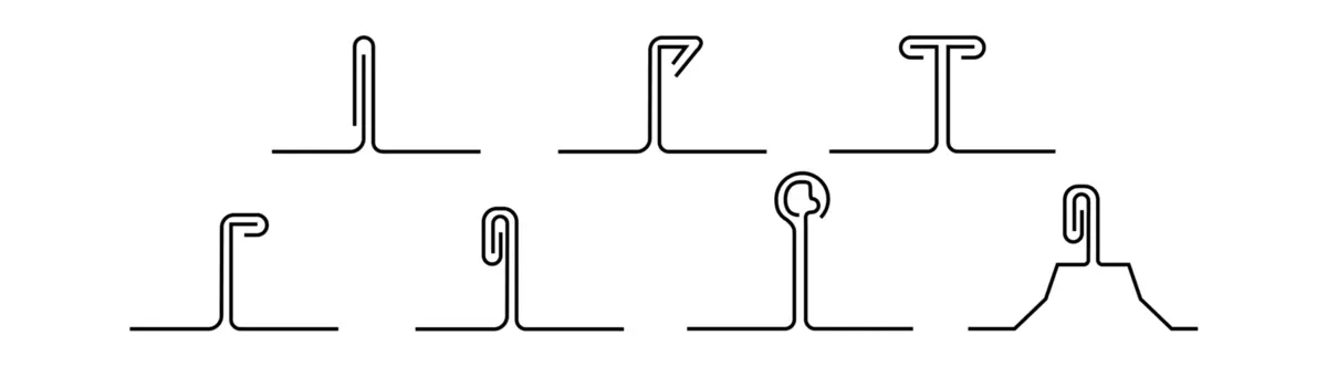 Line drawings of seven standing-seam roof profile shapes for assessing clamp compatibility